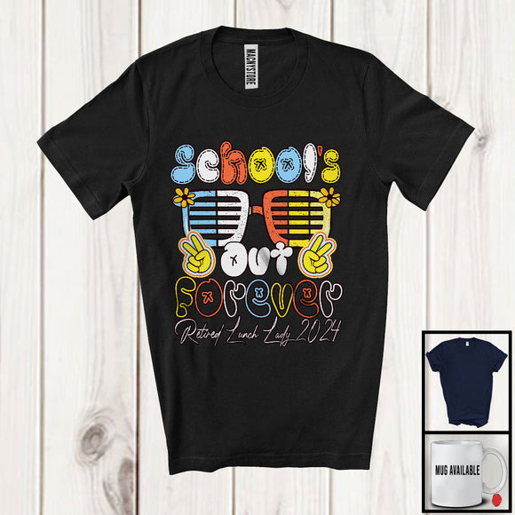 MacnyStore - Retired Lunch Lady 2024 School's Out Forever, Cool Vintage Retirement Glasses, Retired Group T-Shirt