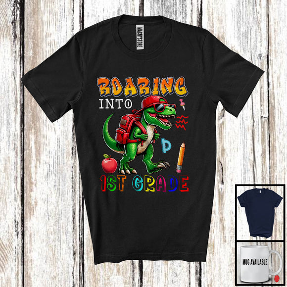 MacnyStore - Roaring Into 1st Grade, Humorous Back To School T-Rex Dinosaur Lover, Matching Student Group T-Shirt