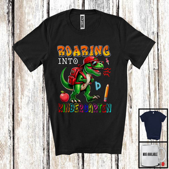 MacnyStore - Roaring Into Kindergarten, Humorous Back To School T-Rex Dinosaur, Matching Student Group T-Shirt