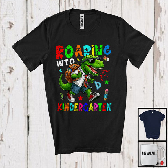 MacnyStore - Roaring Into Kindergarten, Humorous First Day Of School T-Rex Dinosaur Lover, Students Group T-Shirt