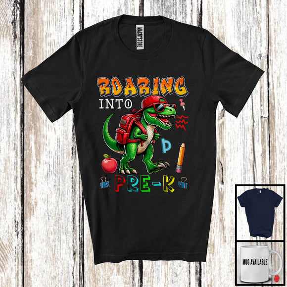 MacnyStore - Roaring Into Pre-K, Humorous Back To School T-Rex Dinosaur Lover, Matching Student Group T-Shirt