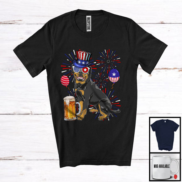 MacnyStore - Rottweiler Drinking Beer, Cheerful 4th Of July Drunker Fireworks, American Flag Patriotic Group T-Shirt