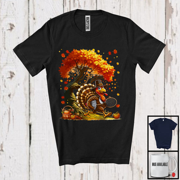 MacnyStore - Running Turkey With Badminton Racket, Joyful Thanksgiving Autumn Fall Pilgrim, Sports Player T-Shirt