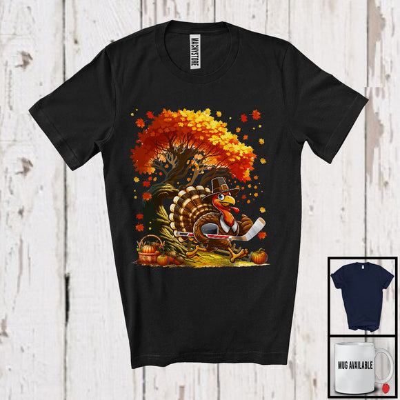 MacnyStore - Running Turkey With Hockey Puck, Joyful Thanksgiving Autumn Fall Pilgrim, Sports Player Team T-Shirt