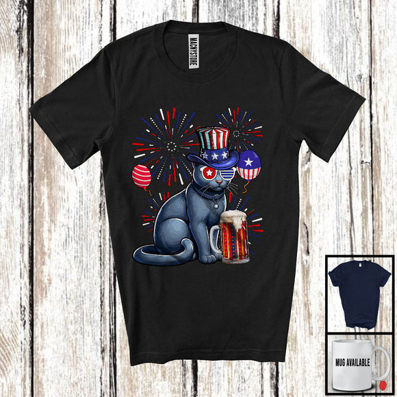 MacnyStore - Russian Blue Drinking Beer, Awesome 4th Of July Fireworks Kitten, Drunker Patriotic Group T-Shirt