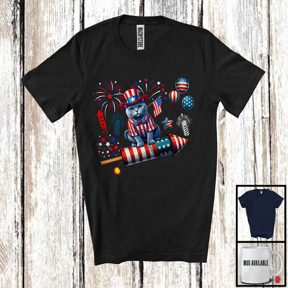 MacnyStore - Russian Blue Riding Firecracker, Amazing 4th Of July American Flag Firecracker, Animal Cat Lover T-Shirt