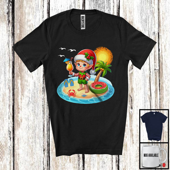 MacnyStore - Santa Elf On Sea Beach, Lovely Christmas In July Sea Bathing, Summer Vacation Family Trip T-Shirt