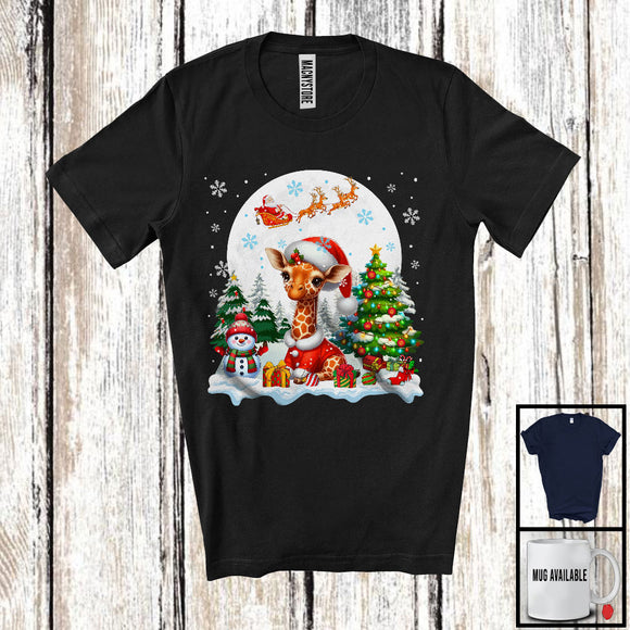 MacnyStore - Santa Giraffe With X-mas Tree Snowman, Adorable Christmas Santa Wild Animal, Family Group T-Shirt