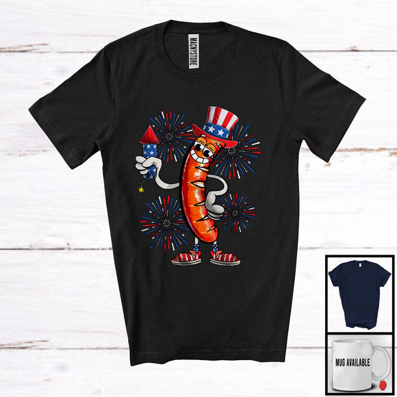 MacnyStore - Sausage With Firecracker, Humorous 4th Of July American Flag Fireworks, Food Lover Patriotic T-Shirt