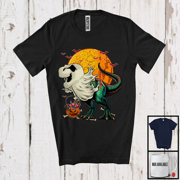MacnyStore - Scary Moon T-Rex Ghost With Carved Pumpkin Candy, Happy Halloween Dinosaur Lover, Family T-Shirt