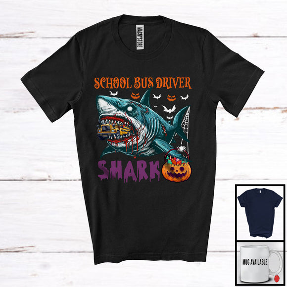 MacnyStore - School Bus Driver Shark, Scary Halloween Costume Pumpkin Zombie Shark, Proud Careers Group T-Shirt