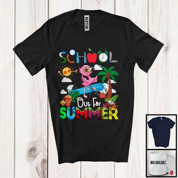 MacnyStore - School Out For Summer, Cheerful Summer Vacation Flamingo Lover, Sea Beach Trip Family Group T-Shirt