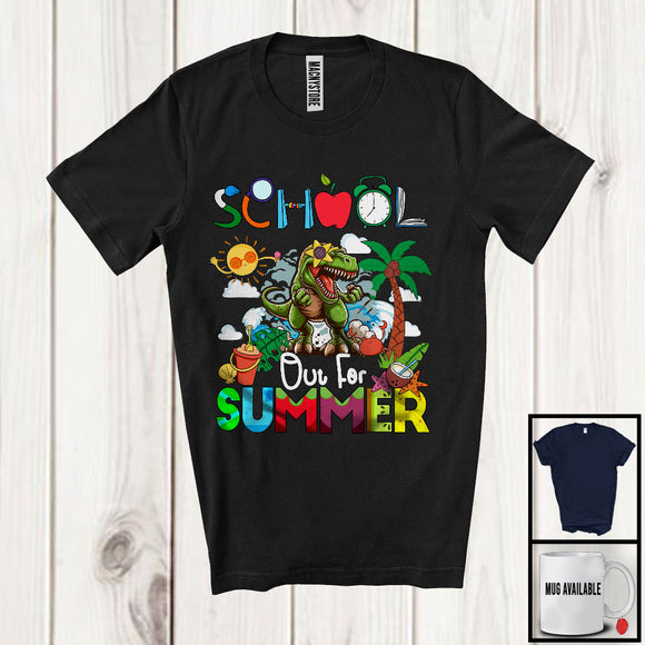 MacnyStore - School Out For Summer, Cheerful Summer Vacation T-Rex Lover, Sea Beach Trip Family Group T-Shirt