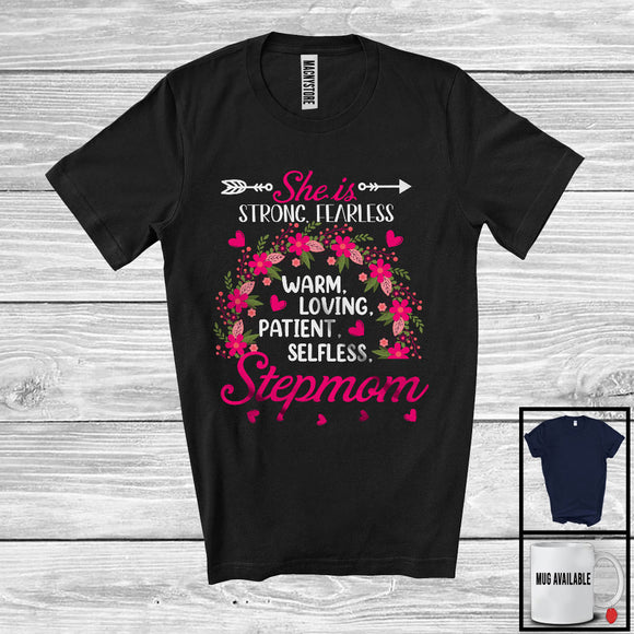 MacnyStore - She Is Strong Fearless Stepmom, Adorable Mother's Day Flowers Rainbow, Matching Family Group T-Shirt