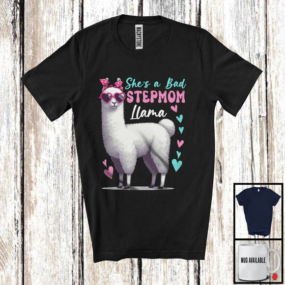 MacnyStore - She's A Bad Stepmom Llama; Humorous Mother's Day Heart Sunglasses Llama; Family Group T-Shirt