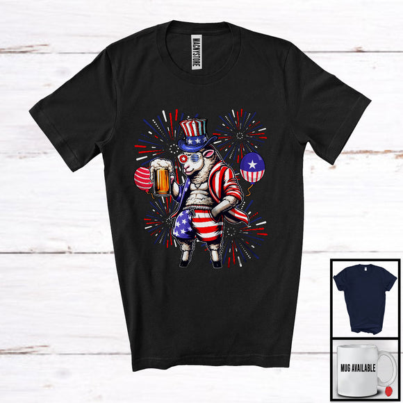 MacnyStore - Sheep Drinking Beer, Cheerful 4th Of July Drunker Fireworks, Farmer American Flag Patriotic T-Shirt