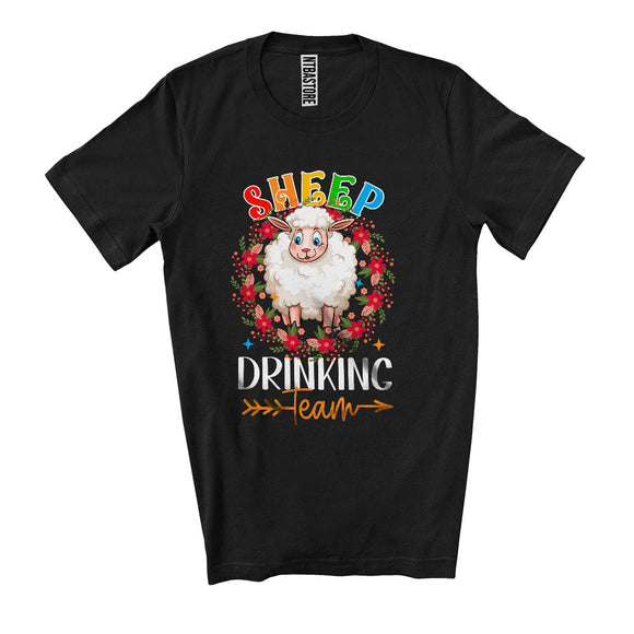 MacnyStore - Sheep Drinking Team, Cheerful Mother's Day Flowers Circle Sheep Lover, Matching Drunker Group T-Shirt