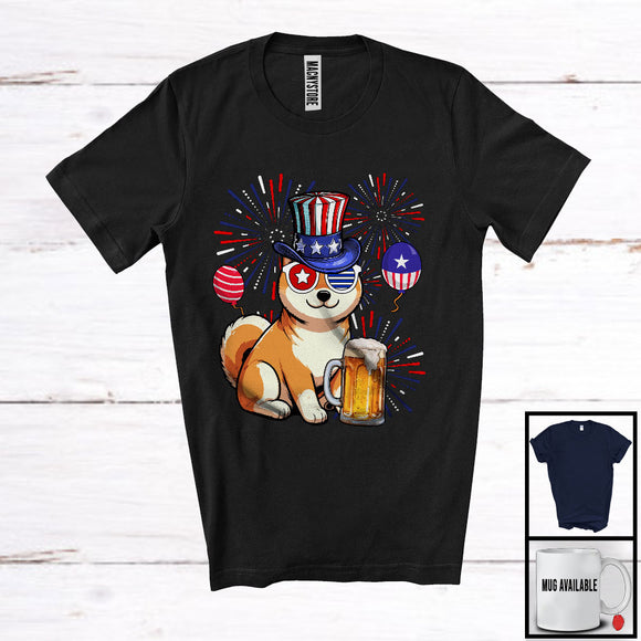 MacnyStore - Shiba Inu Drinking Beer, Cheerful 4th Of July Drunker Fireworks, American Flag Patriotic Group T-Shirt