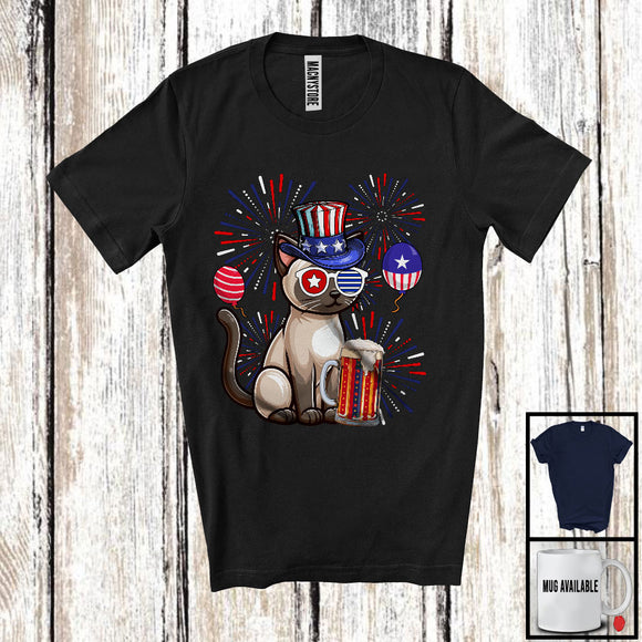 MacnyStore - Siamese Cat Drinking Beer, Awesome 4th Of July Fireworks Kitten, Drunker Patriotic Group T-Shirt