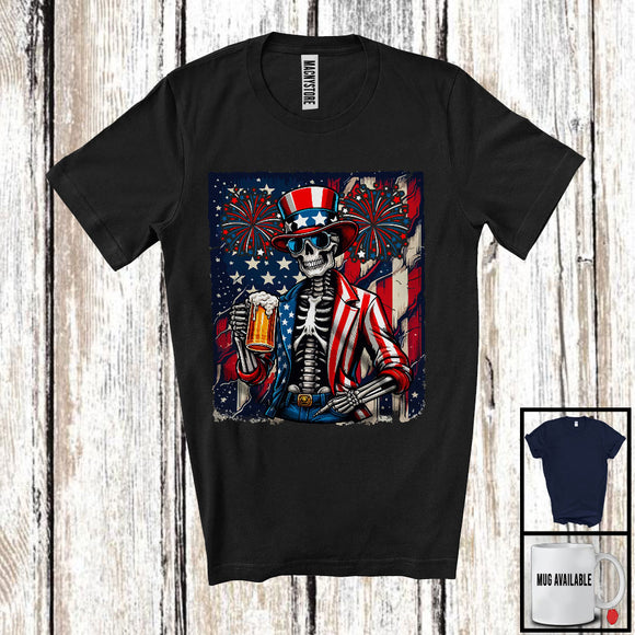 MacnyStore - Skeleton Drinking Beer, Cheerful 4th Of July American Flag Drunker Team, Fireworks Patriotic T-Shirt