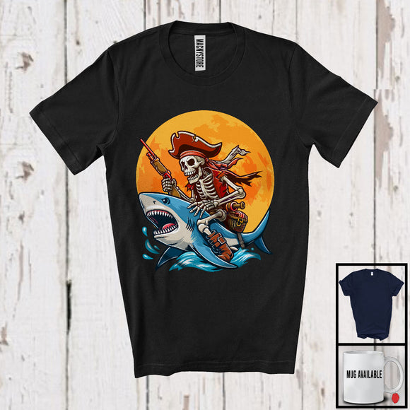 MacnyStore - Skeleton Pirate Riding Shark, Humorous Halloween Costume Sea Animal Lover, Family Group T-Shirt