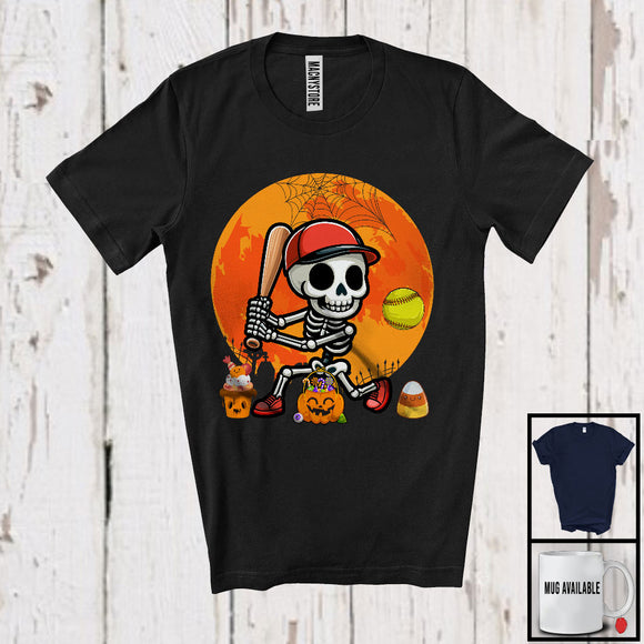 MacnyStore - Skeleton Playing Softball, Humorous Halloween Skeleton Softball Player, Sport Playing Team T-Shirt