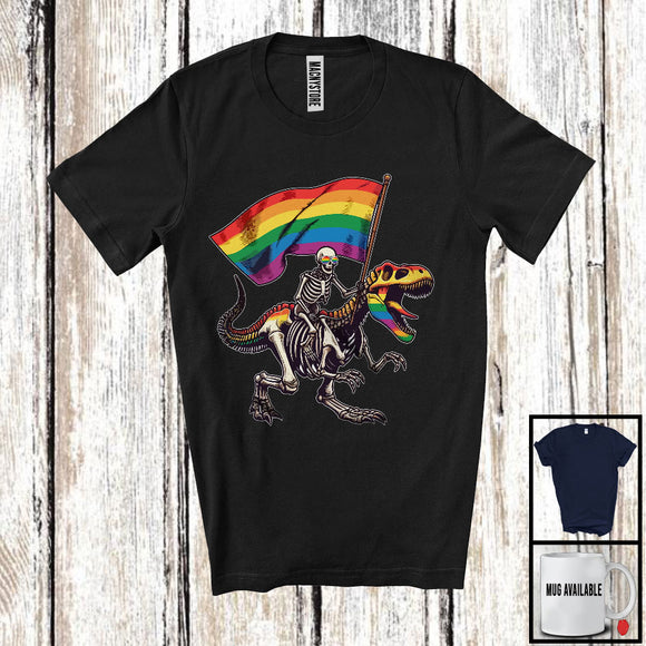 MacnyStore - Skeleton Riding T-Rex, Humorous LGBTQ Pride Skeleton With Gay Rainbow Flag, Dinosaur Lover T-Shirt