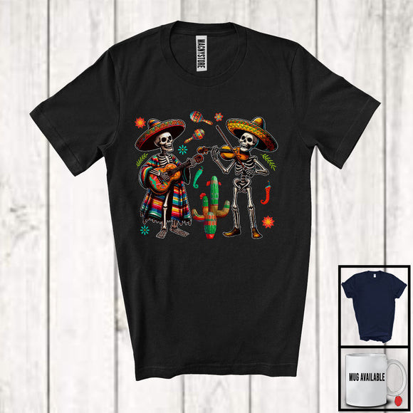 MacnyStore - Skeleton Sombreros Playing Guitar Violin, Humorous Cinco De Mayo Mexican, Family Pride T-Shirt