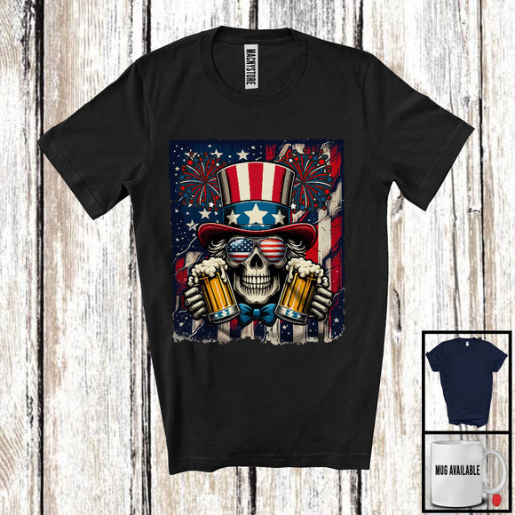 MacnyStore - Skull Drinking Beer, Cheerful 4th Of July American Flag Drunker Team, Fireworks Patriotic T-Shirt