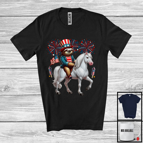 MacnyStore - Sloth Riding Horse, Humorous 4th Of July American Flag Pride Sloth Horse, Patriotic Group T-Shirt