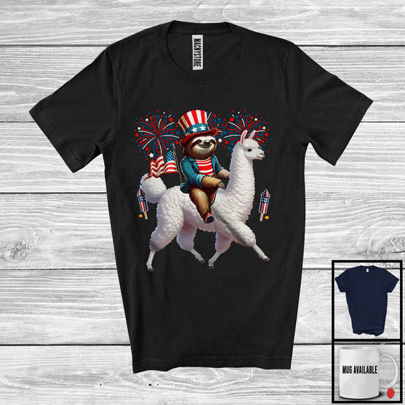MacnyStore - Sloth Riding Llama, Humorous 4th Of July American Flag Pride Sloth Llama, Patriotic Group T-Shirt