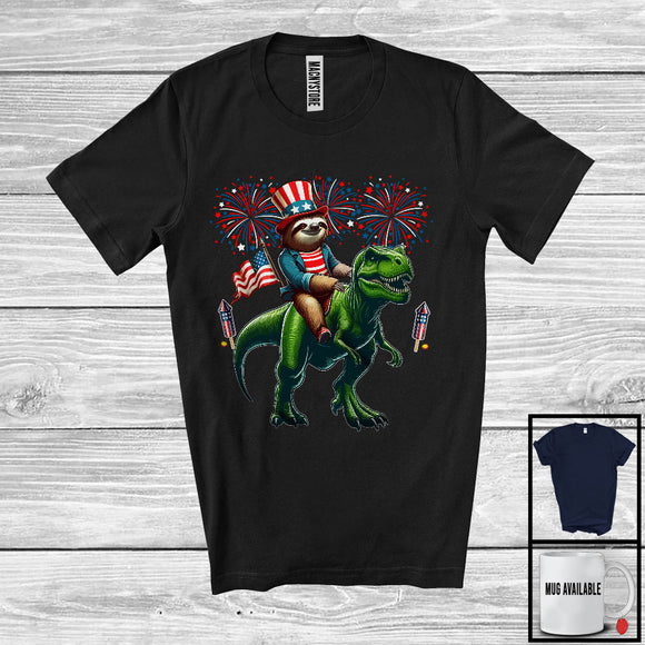 MacnyStore - Sloth Riding T-Rex, Humorous 4th Of July American Flag Pride Sloth T-Rex, Patriotic Group T-Shirt