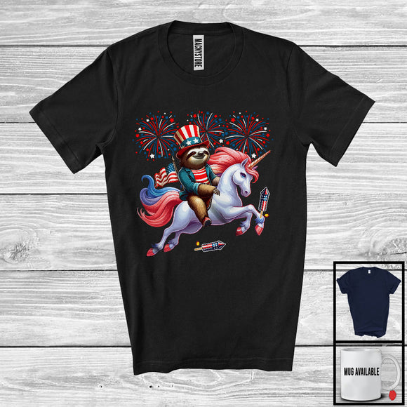 MacnyStore - Sloth Riding Unicorn, Humorous 4th Of July American Flag Pride Sloth Unicorn, Patriotic Group T-Shirt