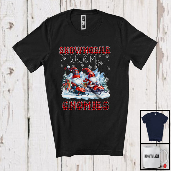 MacnyStore - Snowmobile With My Gnomies; Fantastic Christmas Red Plaid Couple Gnomes; Family Group T-Shirt