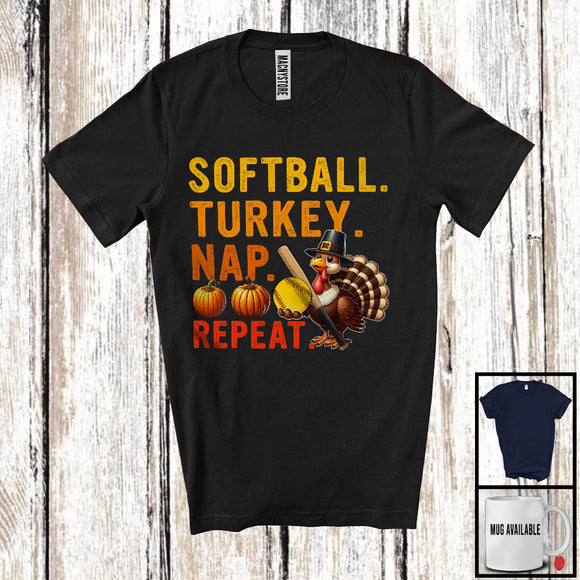 MacnyStore - Softball Turkey Nap Repeat, Humorous Thanksgiving Turkey Softball Player, Sport Team T-Shirt