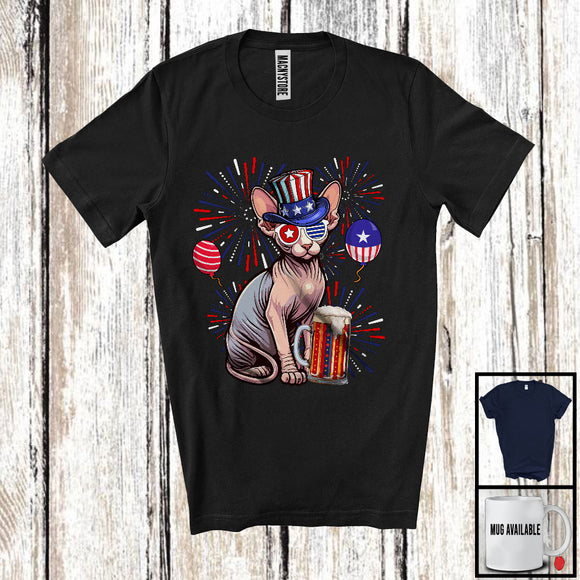 MacnyStore - Sphynx Cat Drinking Beer, Awesome 4th Of July Fireworks Kitten, Drunker Patriotic Group T-Shirt