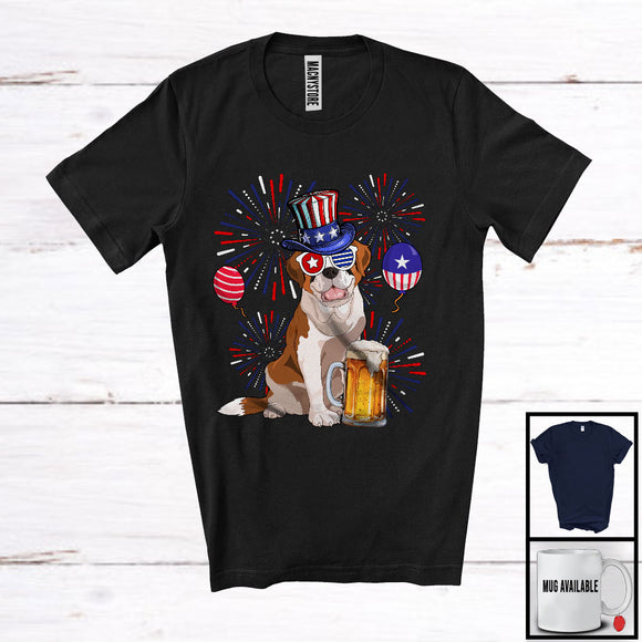 MacnyStore - St Bernard Drinking Beer, Cheerful 4th Of July Drunker Fireworks, American Flag Patriotic Group T-Shirt