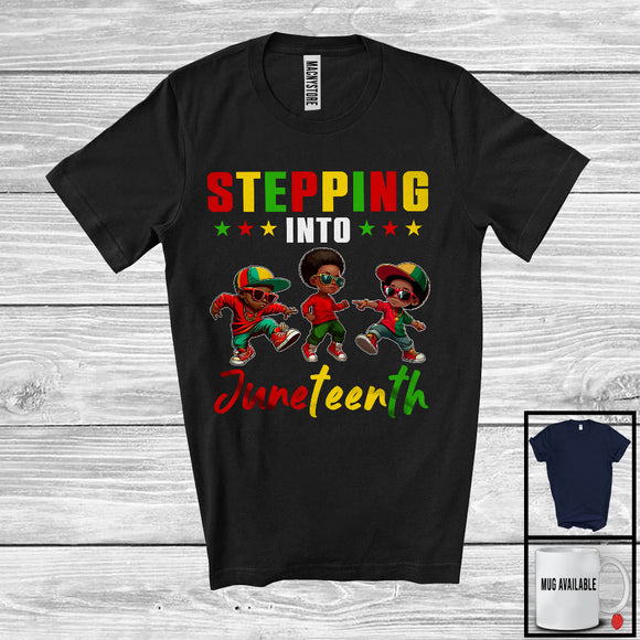 MacnyStore - Stepping Into Juneteenth, Lovely Black History Three African American Boys, Melanin Afro Group T-Shirt