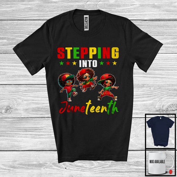 MacnyStore - Stepping Into Juneteenth, Lovely Black History Three African American Girls, Melanin Afro Group T-Shirt