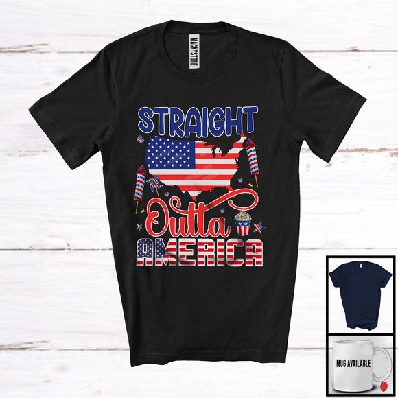 MacnyStore - Straight Outta America,  4th Of July USA Map American Flag, Proud Patriotic Firecrackers T-Shirt
