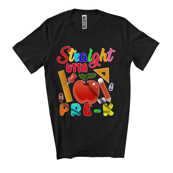 MacnyStore - Straight Outta Pre-K, Colorful Last Day Of School Things Apple, Student Teacher Group T-Shirt