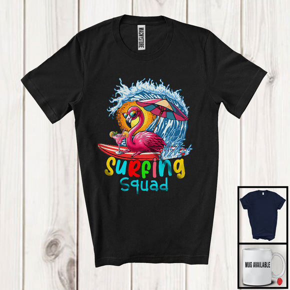 MacnyStore - Surfing Squad, Joyful Summer Vacation Christmas In July Flamingo Waving, Hawaiian Family Group T-Shirt