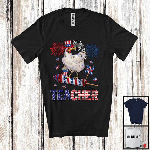 MacnyStore - Teacher, Adorable 4th Of July Chicken With Fireworks, American Flag Farm Farmer Patriotic T-Shirt
