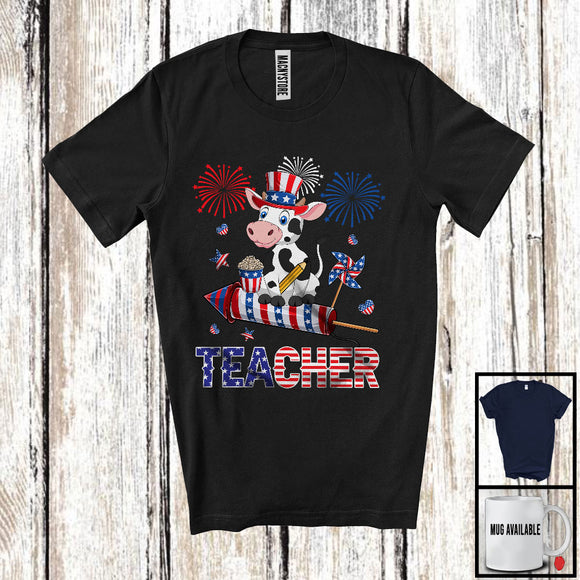 MacnyStore - Teacher, Adorable 4th Of July Cow With Fireworks, American Flag Farm Farmer Patriotic T-Shirt