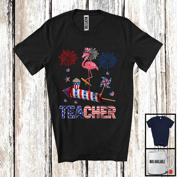 MacnyStore - Teacher, Adorable 4th Of July Flamingo With Fireworks, American Flag Farm Farmer Patriotic T-Shirt