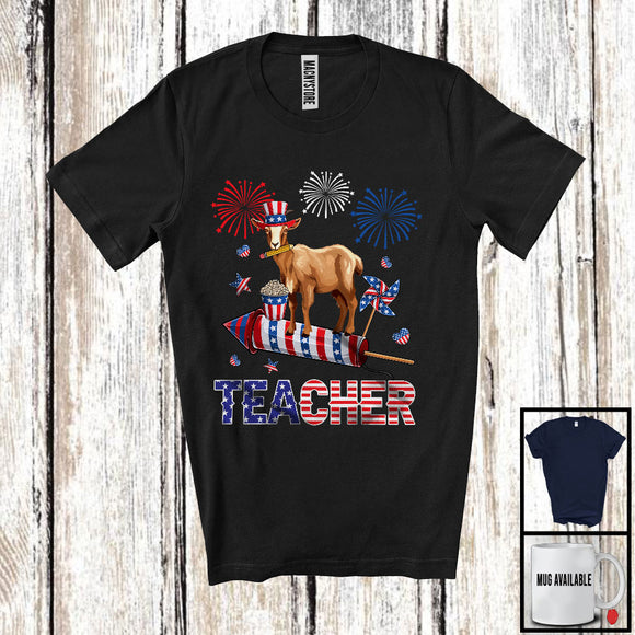 MacnyStore - Teacher, Adorable 4th Of July Goat With Fireworks, American Flag Farm Farmer Patriotic T-Shirt