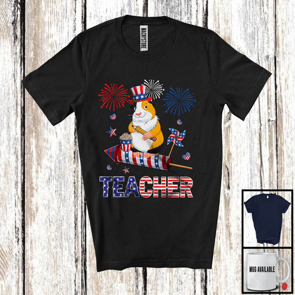 MacnyStore - Teacher, Adorable 4th Of July Guinea Pig With Fireworks, American Flag Farm Farmer Patriotic T-Shirt