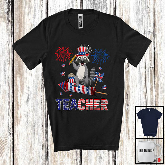MacnyStore - Teacher, Adorable 4th Of July Raccoon With Fireworks, American Flag Farm Farmer Patriotic T-Shirt