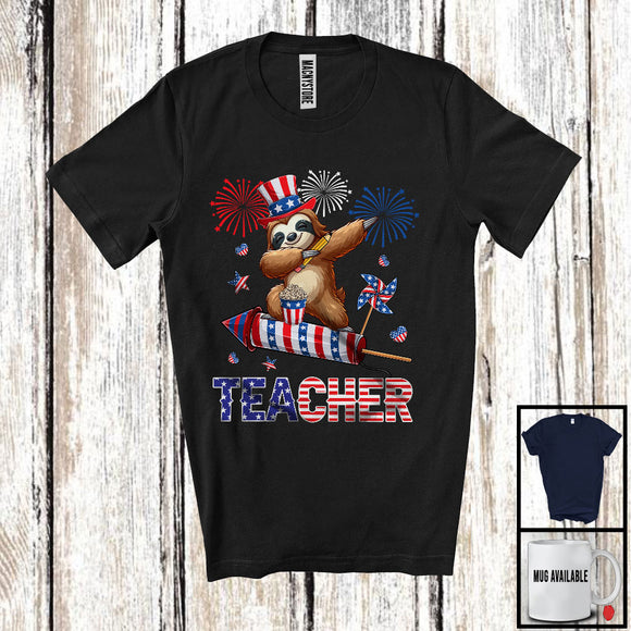 MacnyStore - Teacher, Adorable 4th Of July Sloth With Fireworks, American Flag Farm Farmer Patriotic T-Shirt