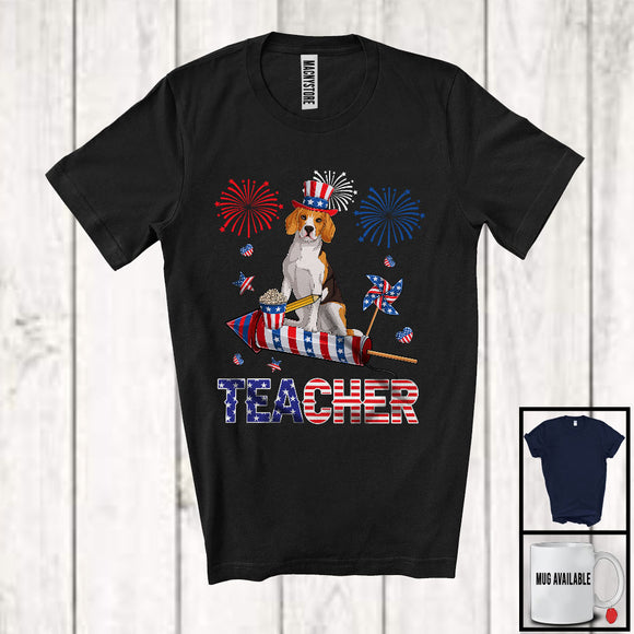 MacnyStore - Teacher, Lovely 4th Of July Beagle With Fireworks, American Flag Patriotic Teacher T-Shirt